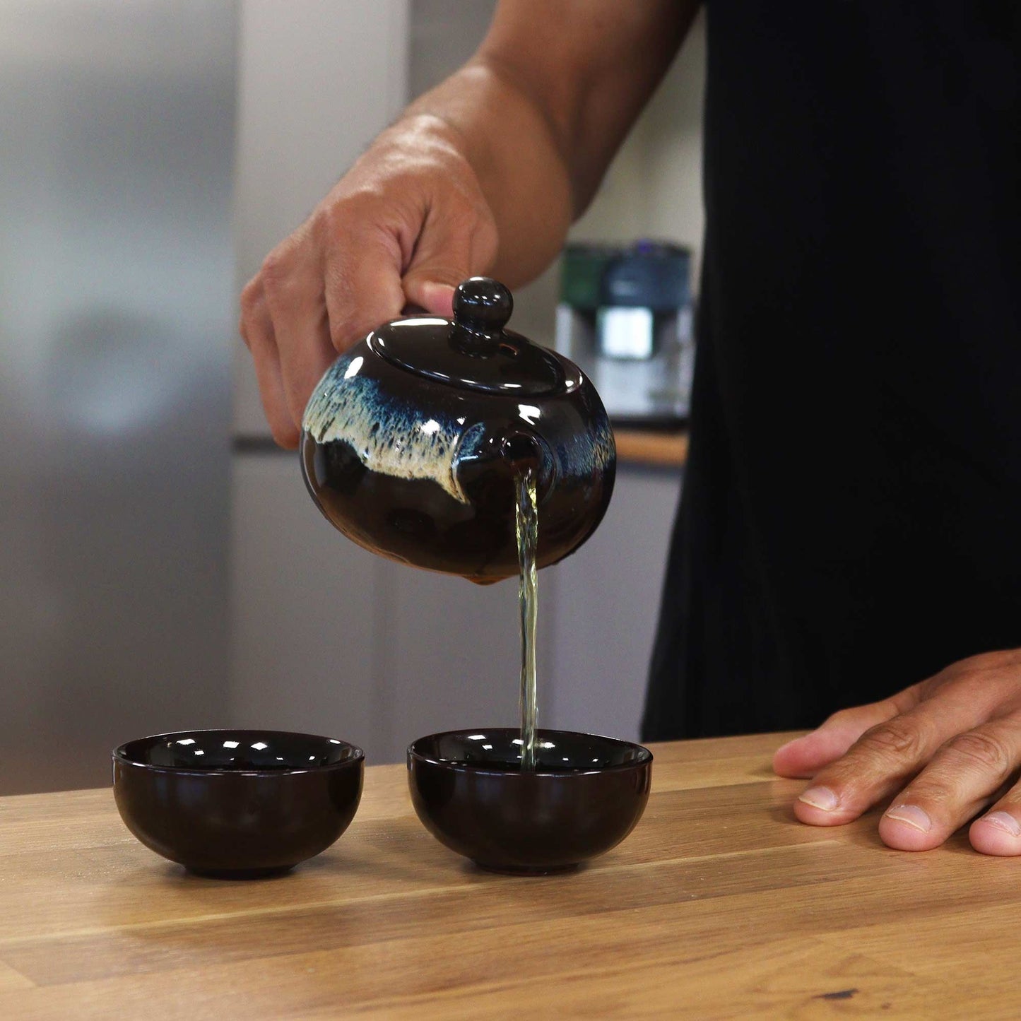 Black Glaze Ceramic Herbal Teapot Set 3 Piece | 1 Pot and 2 Cups | Sleek Tea Lover Gift