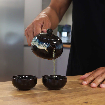 Black Glaze Ceramic Herbal Teapot Set 3 Piece | 1 Pot and 2 Cups | Sleek Tea Lover Gift