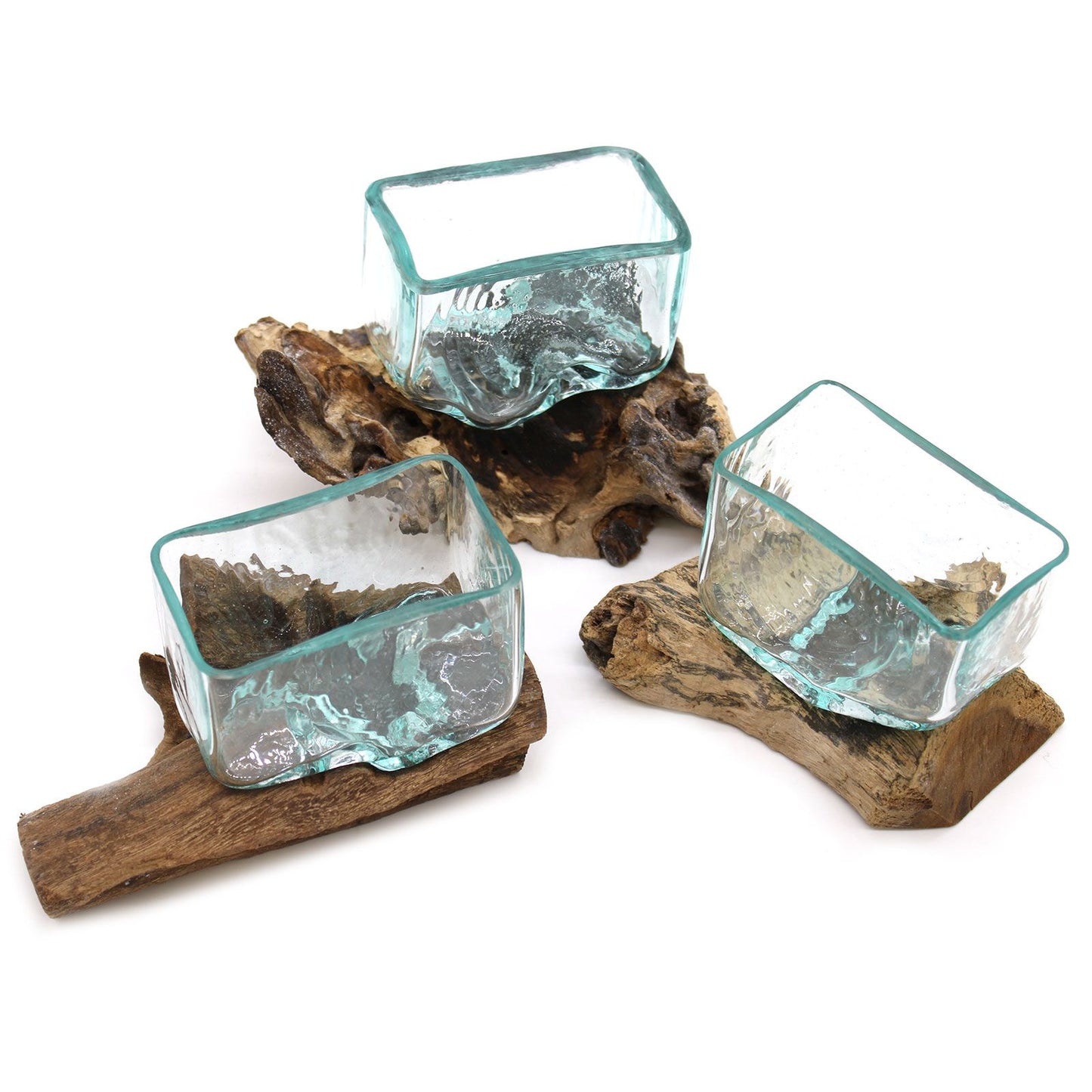 Molten Glass Tank on Driftwood with Stand | Small Bowl | Handmade in Bali | 9x14.5x5.5cm | New