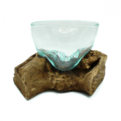 Molten Glass Artfully Misshapen Bowl on Driftwood | Handmade Balinese Art | 2.5kg | New