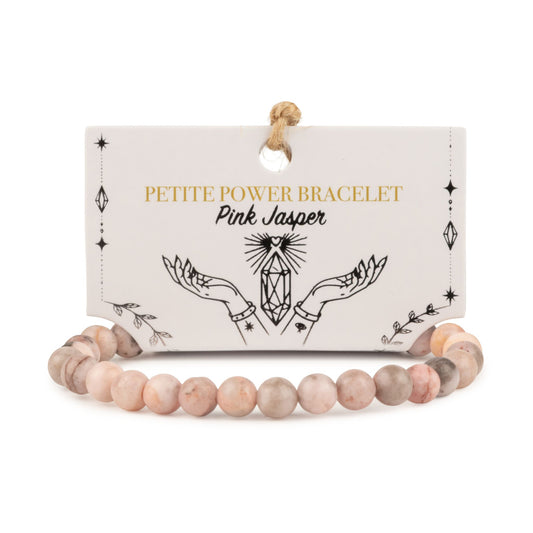 Pink Jasper petite power bracelet with 6mm beads on its illustrated presentation card
