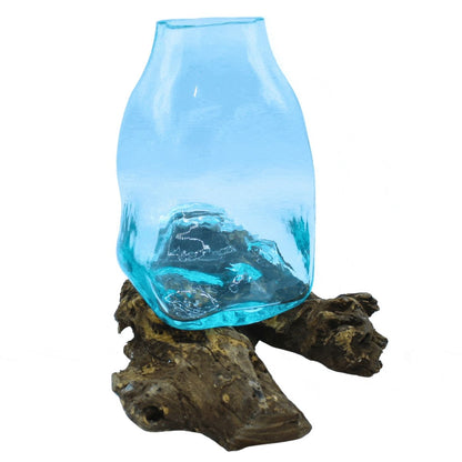 Large Molten Glass Terrarium Vase on Driftwood | Handmade in Bali | 27x23x22cm | New
