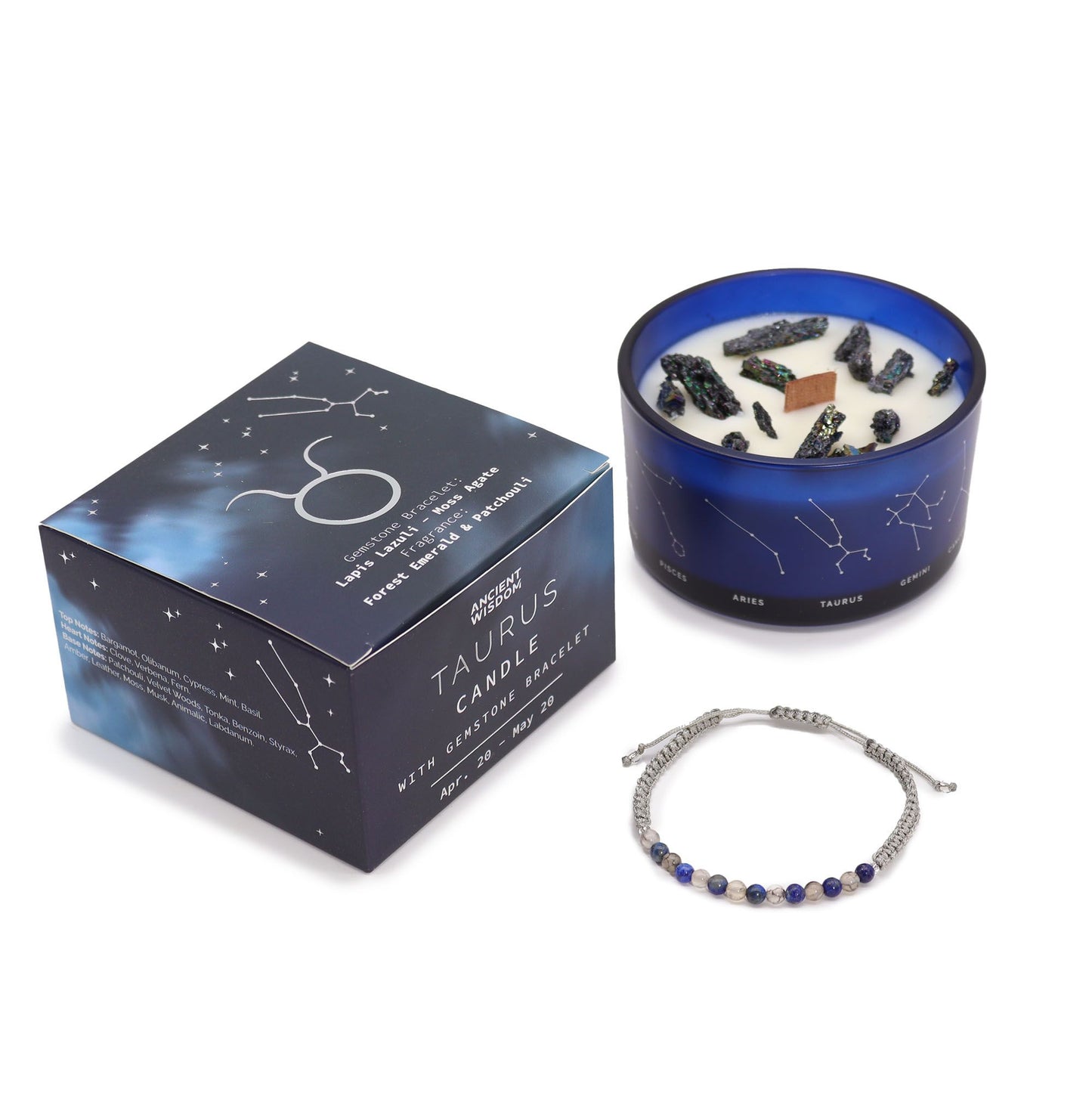 Taurus Birthday Zodiac Candle and Crystal Bracelet Gift Set | Soy Wax | Lapis Lazuli and Moss Agate