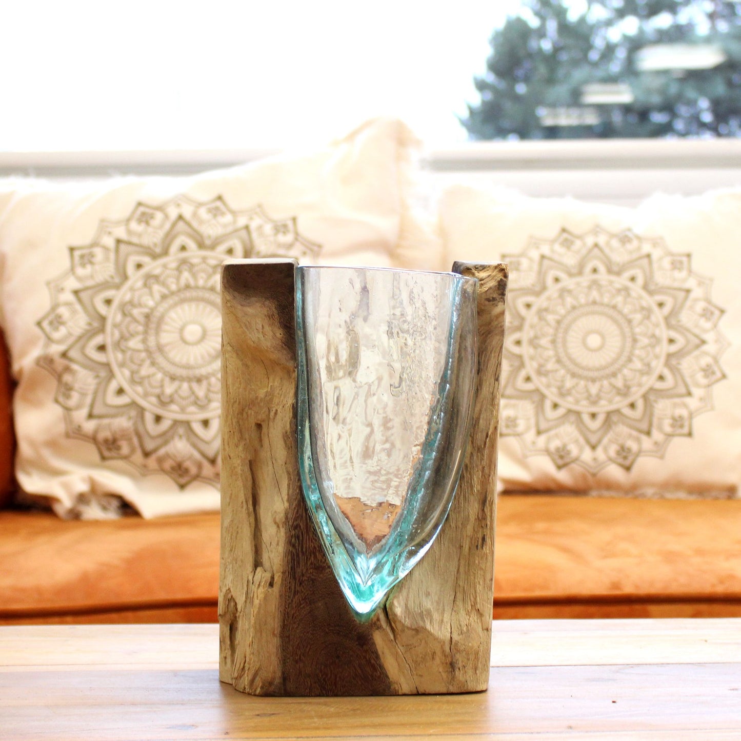 Molten Glass V-Shaped Art Vase on Driftwood | 650ml | Handmade in Bali | New