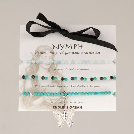Endless Ocean Nymph Spirit gemstone bracelet set of three on its gift card with ribbon