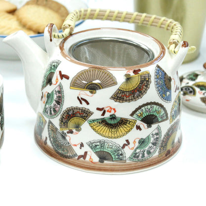 Chinese Fan Design Ceramic Herbal Teapot Set 7 Piece | Artisan Style | Elegant Cultural Tea Gift