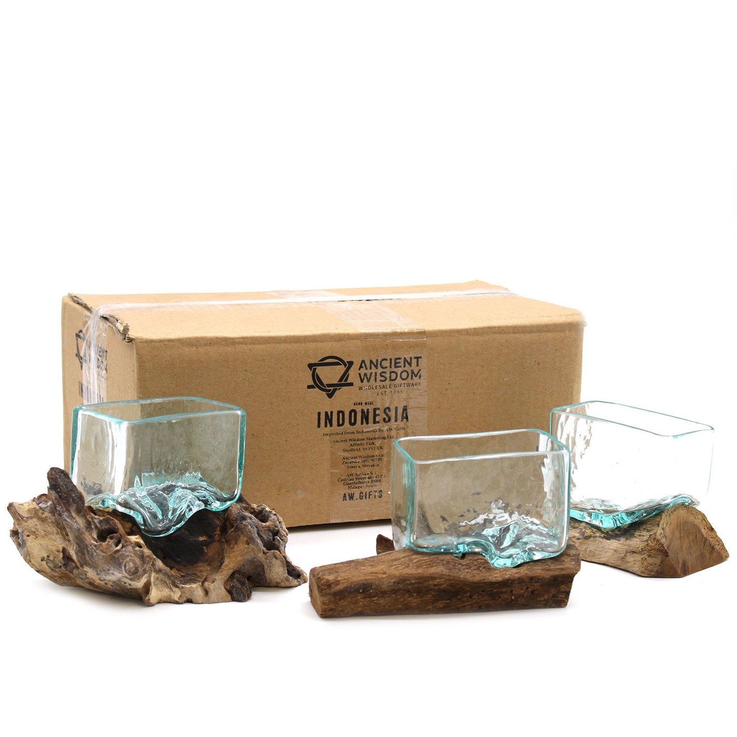 Molten Glass Tank on Driftwood with Stand | Small Bowl | Handmade in Bali | 9x14.5x5.5cm | New