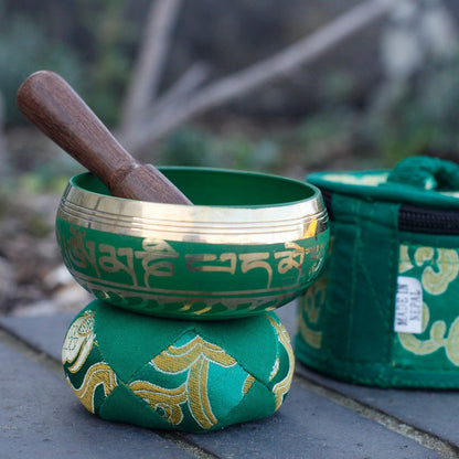 Mini Singing Bowl Gift Set | Green | Hand-Painted | Brass | Pouch and Box | New