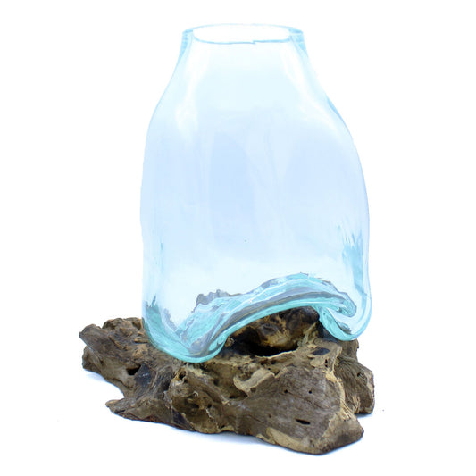 Large Molten Glass Terrarium Vase on Driftwood | Handmade in Bali | 27x23x22cm | New
