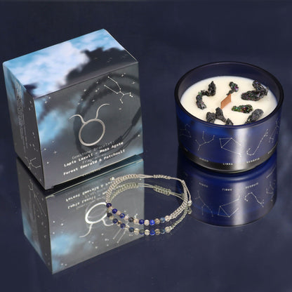 Taurus Birthday Zodiac Candle and Crystal Bracelet Gift Set | Soy Wax | Lapis Lazuli and Moss Agate