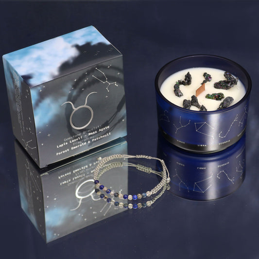 Taurus Birthday Zodiac Candle and Crystal Bracelet Gift Set | Soy Wax | Lapis Lazuli and Moss Agate