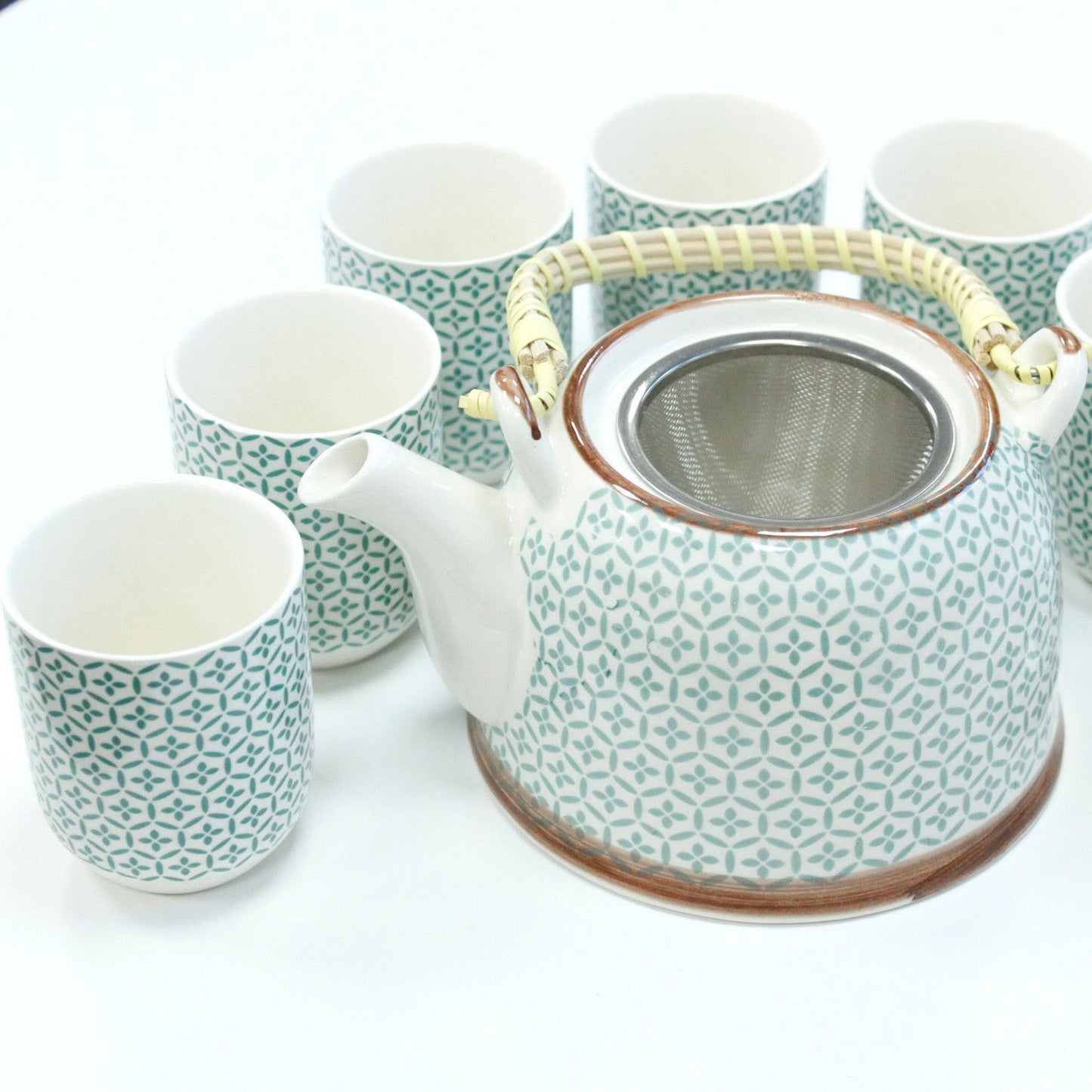 Green Mosaic Ceramic Herbal Teapot Set 7 Piece | Artisan Style | Sophisticated Tea Lover Gift Set