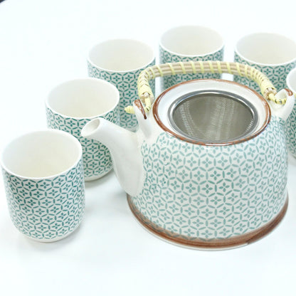 Green Mosaic Ceramic Herbal Teapot Set 7 Piece | Artisan Style | Sophisticated Tea Lover Gift Set