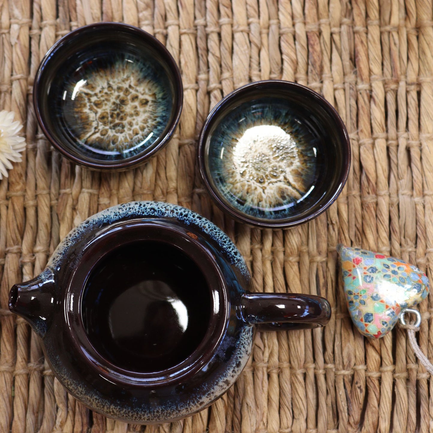 Black Glaze Ceramic Herbal Teapot Set 3 Piece | 1 Pot and 2 Cups | Sleek Tea Lover Gift