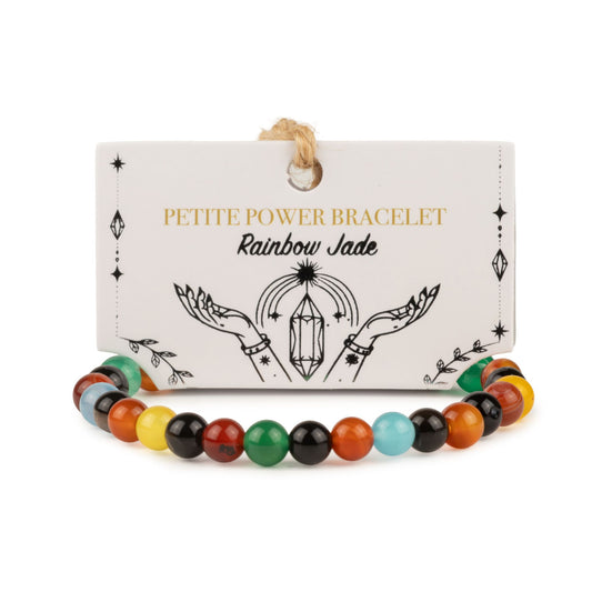Rainbow Jade petite power bracelet with 6mm beads on its illustrated presentation card