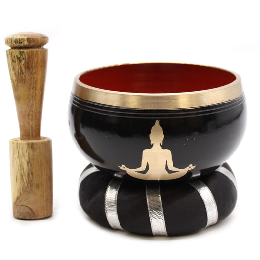Buddha singing bowl set in black and orange, 10.7cm, with gold Buddha motif, striped cushion and wooden mallet