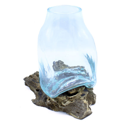 Large Molten Glass Terrarium Vase on Driftwood | Handmade in Bali | 27x23x22cm | New