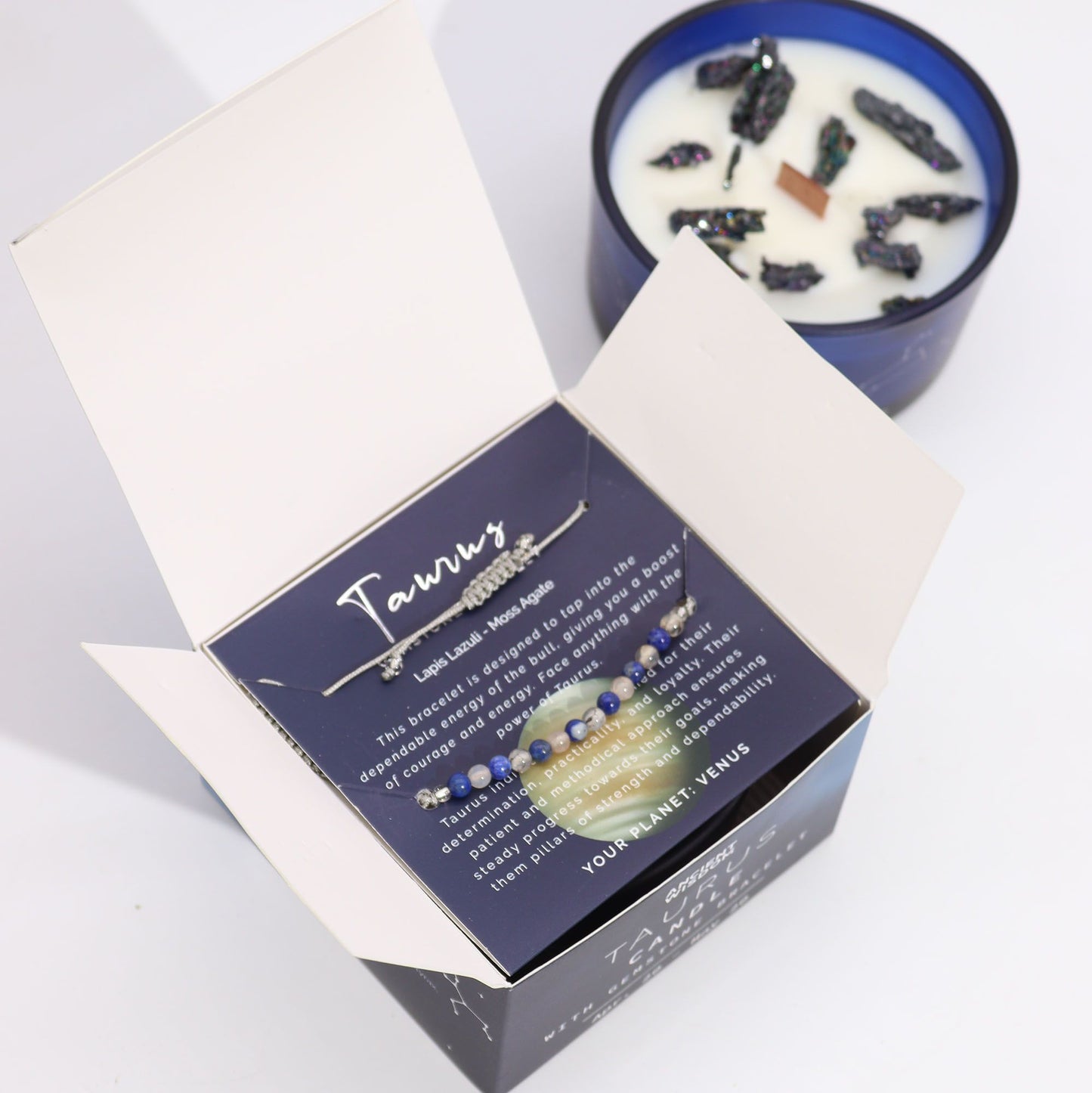 Taurus Birthday Zodiac Candle and Crystal Bracelet Gift Set | Soy Wax | Lapis Lazuli and Moss Agate