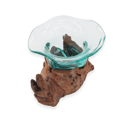 Molten Glass Fancy Sweet Bowl on Driftwood | Handmade in Bali | 23x15cm | New