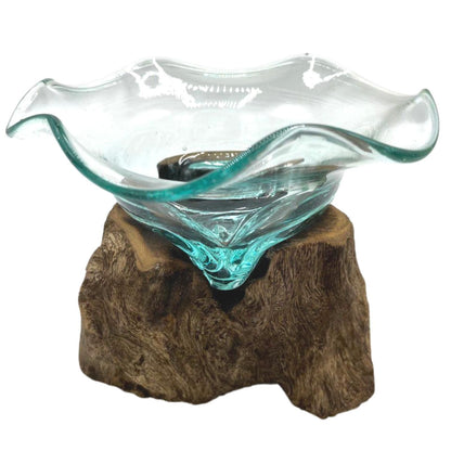 Molten Glass Fancy Sweet Bowl on Driftwood | Handmade in Bali | 23x15cm | New