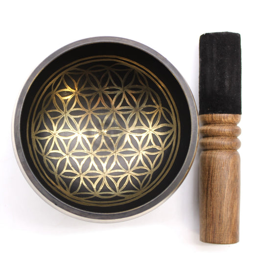 Flower of Life Singing Bowl Set | Engraved Brass | Mallet and Cushion | New