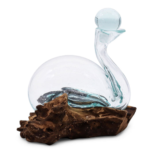 Molten Glass Duck Decanter on Driftwood with Stopper | Handmade in Bali | 19x17x14cm | New