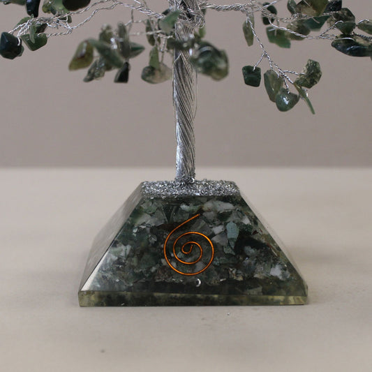 Moss Agate Gemstone Tree with Orgonite Base | 320 Stones | 20.5x8cm | New