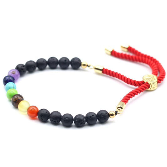 Lava Stone Chakra String Bracelet | 18K Gold Plated Slider | Red Rope Cord | Adjustable | Unisex