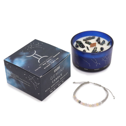Gemini Birthday Zodiac Candle and Crystal Bracelet Gift Set | Soy Wax | Citrine and Rose Quartz and Moonstone