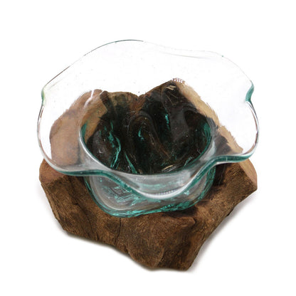 Molten Glass Fancy Sweet Bowl on Driftwood | Handmade in Bali | 23x15cm | New