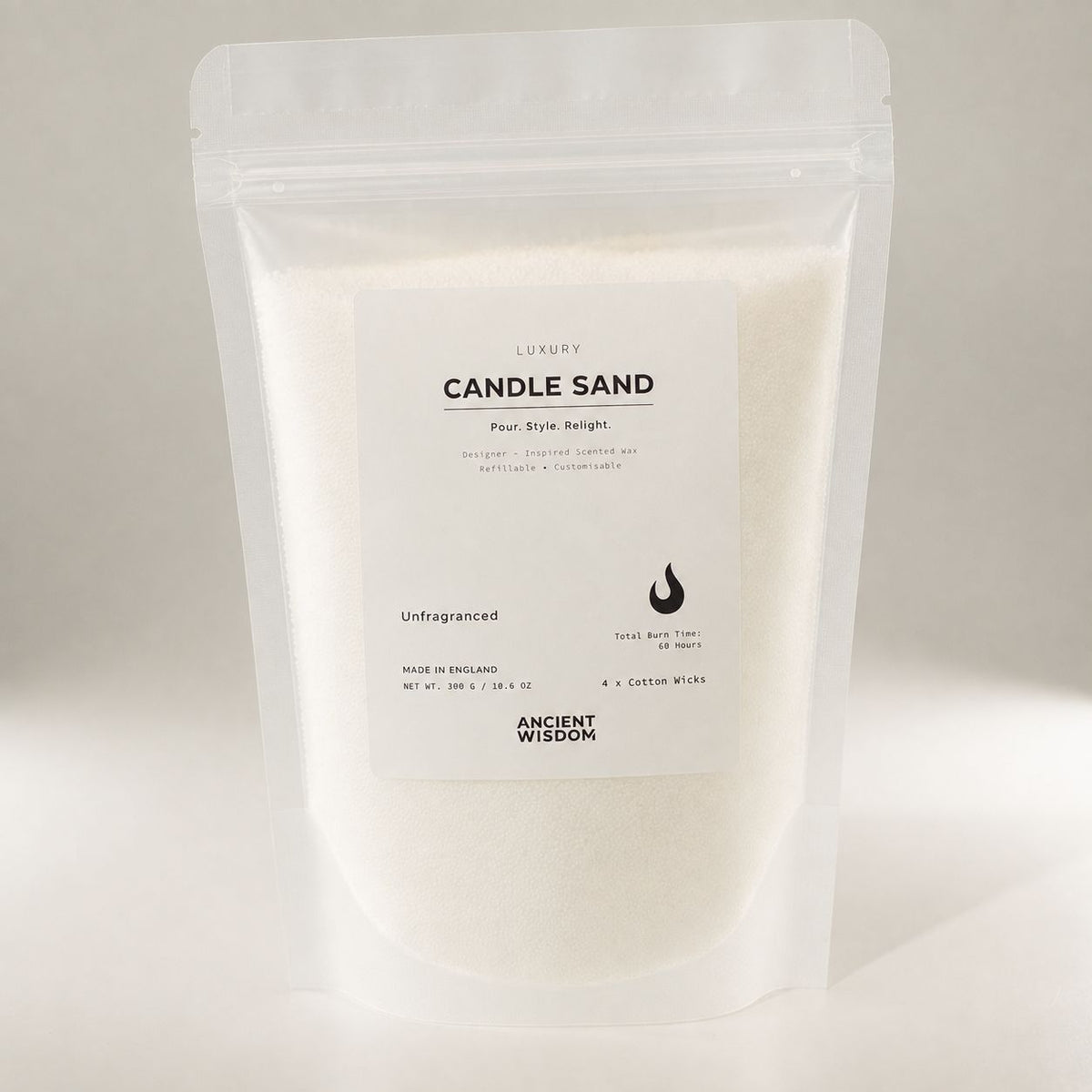 Alternative angle of the Unfragranced candle sand pouch on a soft grey background