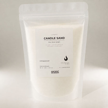 Alternative angle of the Unfragranced candle sand pouch on a soft grey background