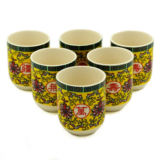 Long Life Oriental Design Ceramic Herbal Tea Cup Set of 6 | Meaningful Tea Lover Gift Set