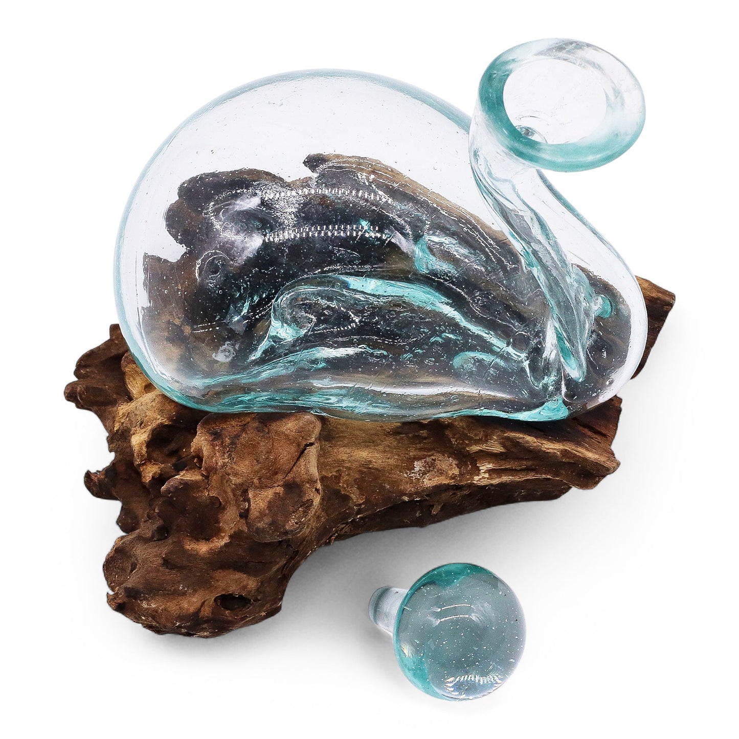 Molten Glass Duck Decanter on Driftwood with Stopper | Handmade in Bali | 19x17x14cm | New