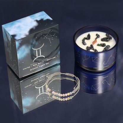 Gemini Birthday Zodiac Candle and Crystal Bracelet Gift Set | Soy Wax | Citrine and Rose Quartz and Moonstone