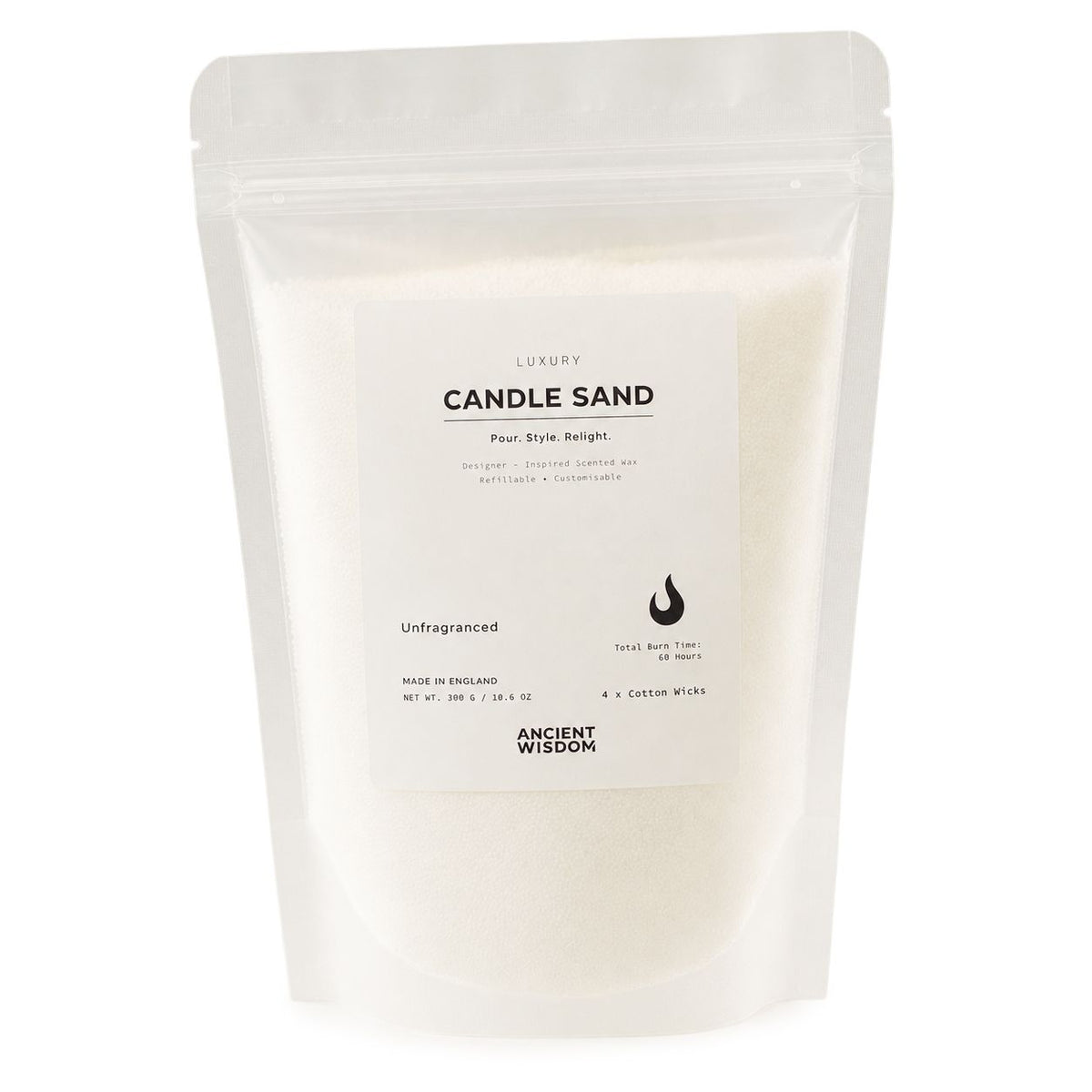Unfragranced candle sand 300g resealable pouch, front label on a white background