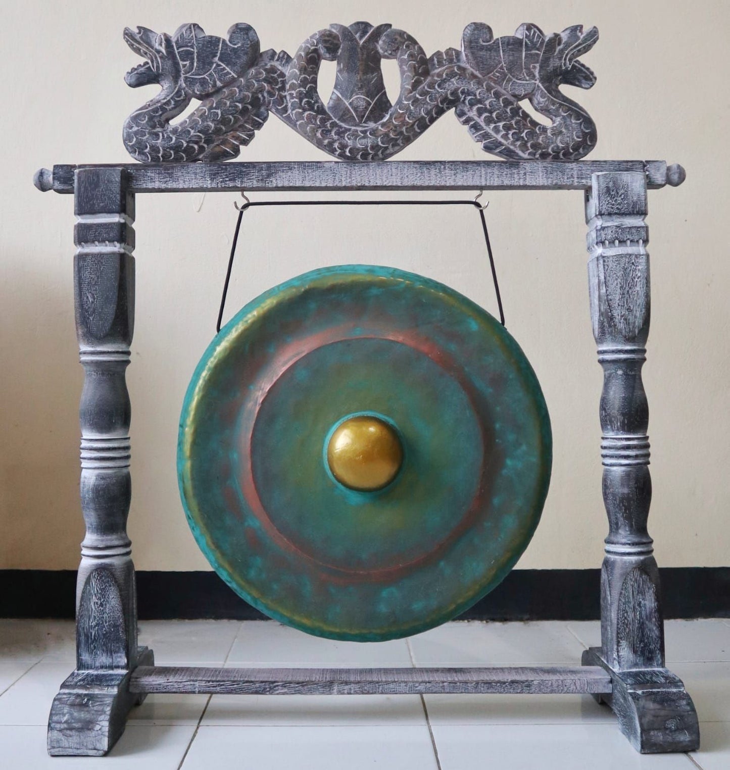 Balinese Healing Gong on Carved Stand | Medium | 35cm | Greenwash | Handmade in Bali | New