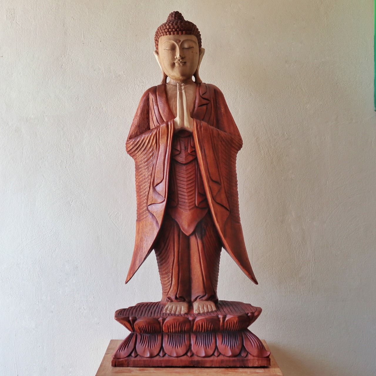 Standing Welcome Buddha Statue | 1m | Hand Carved Suar Wood | Natural Finish | New