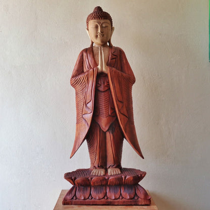 Standing Welcome Buddha Statue | 1m | Hand Carved Suar Wood | Natural Finish | New