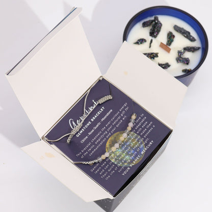 Gemini Birthday Zodiac Candle and Crystal Bracelet Gift Set | Soy Wax | Citrine and Rose Quartz and Moonstone