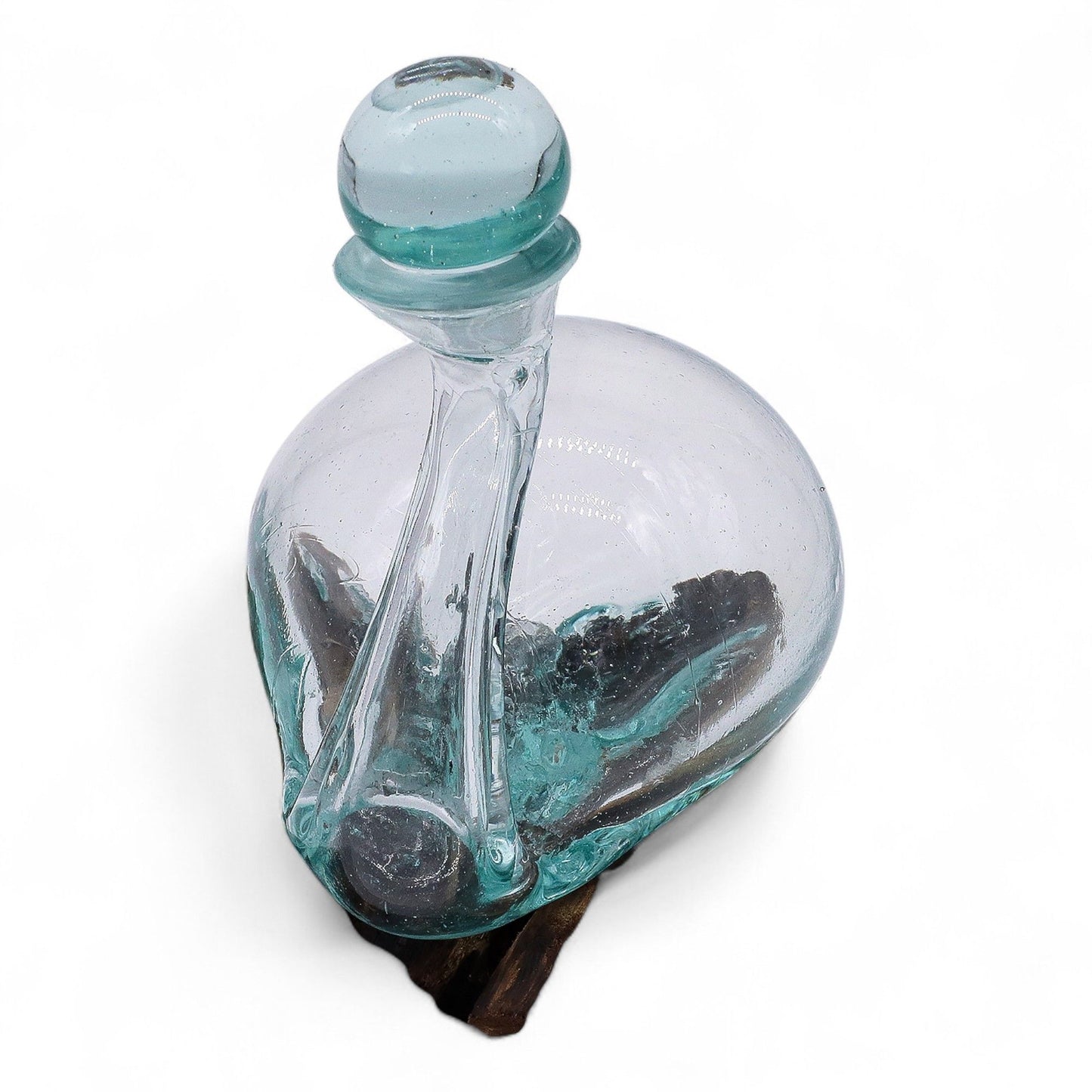 Molten Glass Duck Decanter on Driftwood with Stopper | Handmade in Bali | 19x17x14cm | New