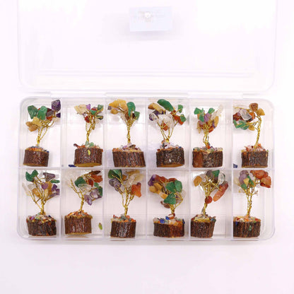 Mini Multi-Stone Gemstone Tree on Wood Base | 15 Stones | 4x3x6cm | New