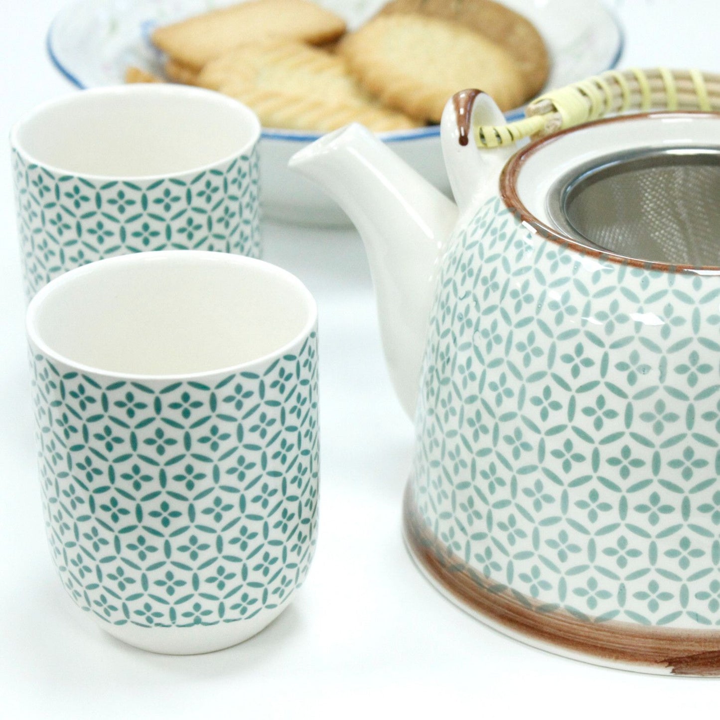 Green Mosaic Ceramic Herbal Teapot Set 7 Piece | Artisan Style | Sophisticated Tea Lover Gift Set