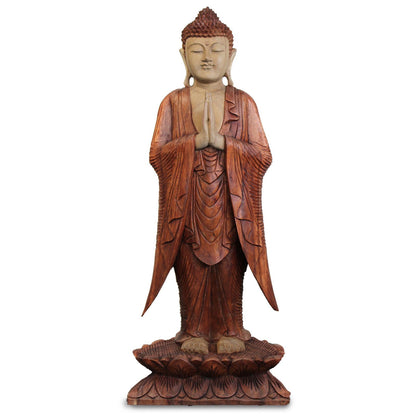 Standing Welcome Buddha Statue | 1m | Hand Carved Suar Wood | Natural Finish | New