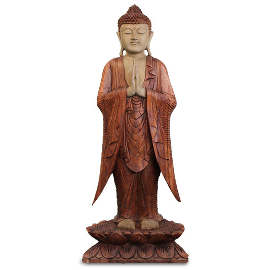 Standing Welcome Buddha Statue | 1m | Hand Carved Suar Wood | Natural Finish | New