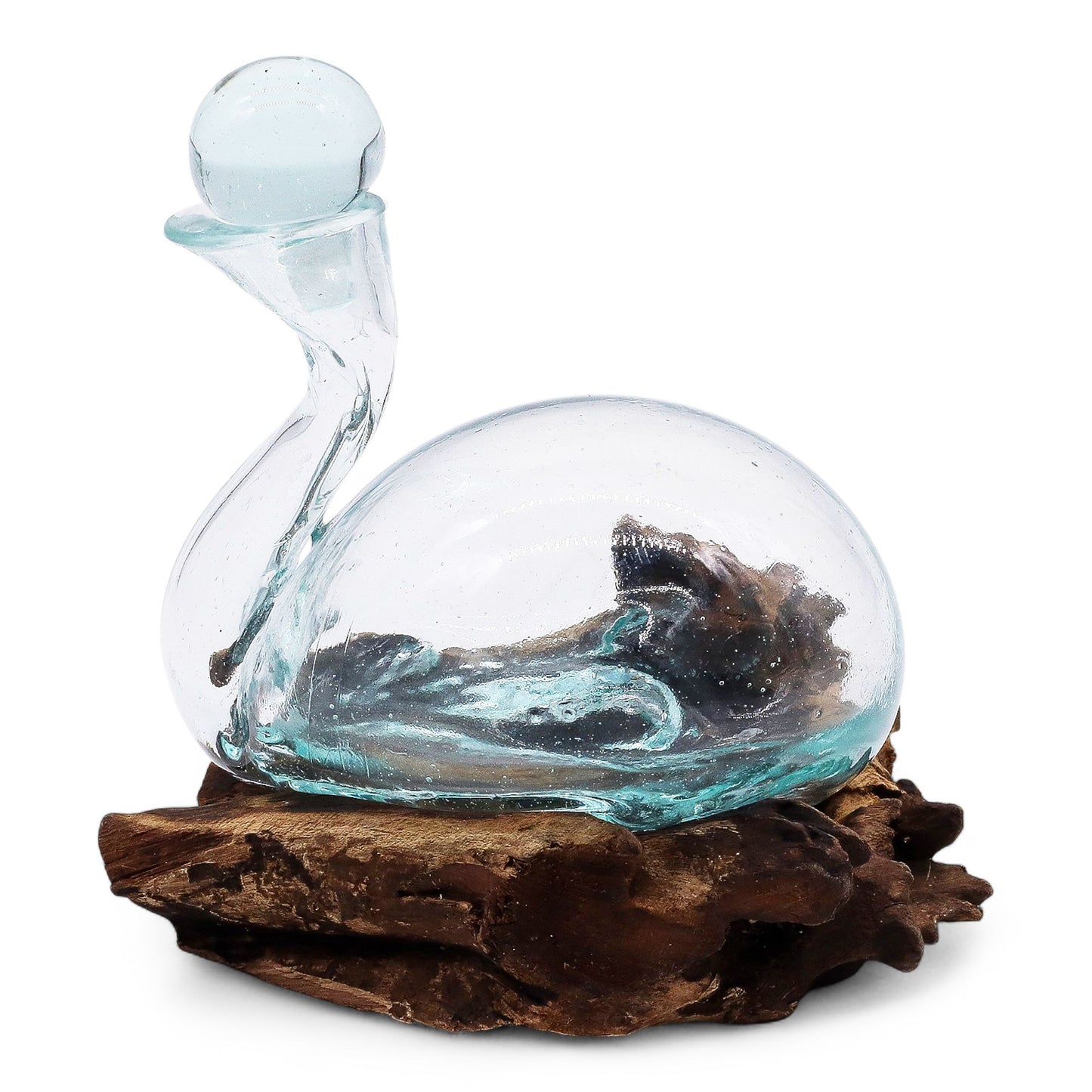 Molten Glass Duck Decanter on Driftwood with Stopper | Handmade in Bali | 19x17x14cm | New