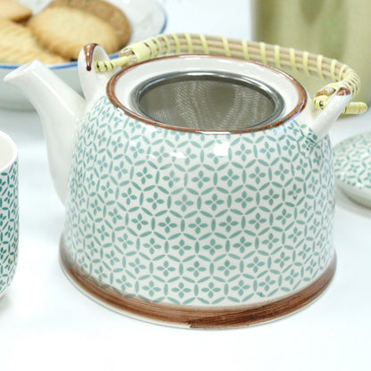 Green Mosaic Ceramic Herbal Teapot Set 7 Piece | Artisan Style | Sophisticated Tea Lover Gift Set