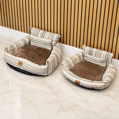 Medium Dog Sofa Bed in Brown Stripe | Dog Lover Gift | Reversible Cushion