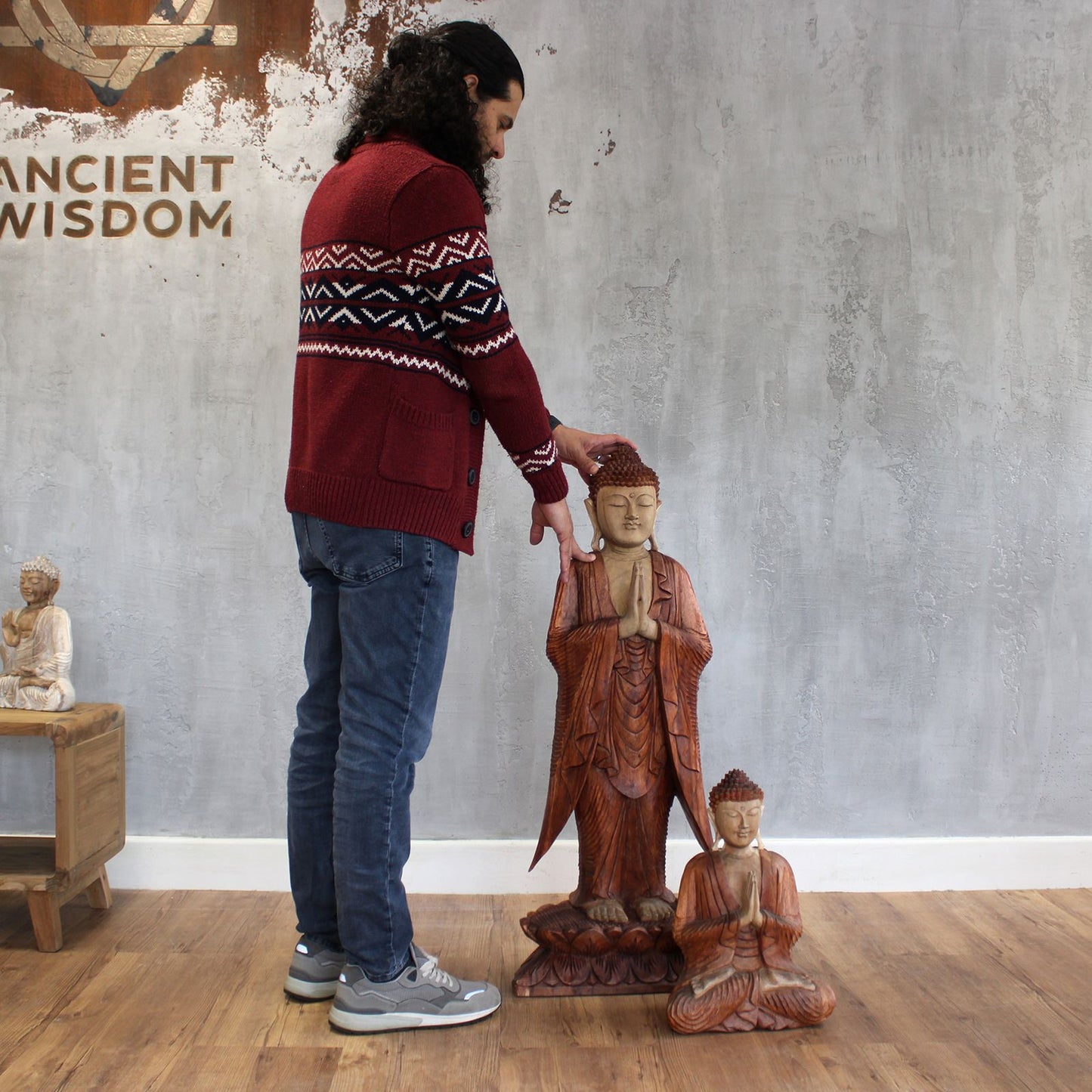 Standing Welcome Buddha Statue | 1m | Hand Carved Suar Wood | Natural Finish | New