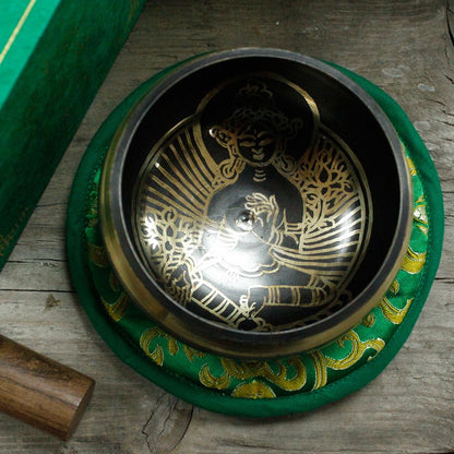 Green Tara Singing Bowl Set | 10cm | Hand-Painted | Brass | New